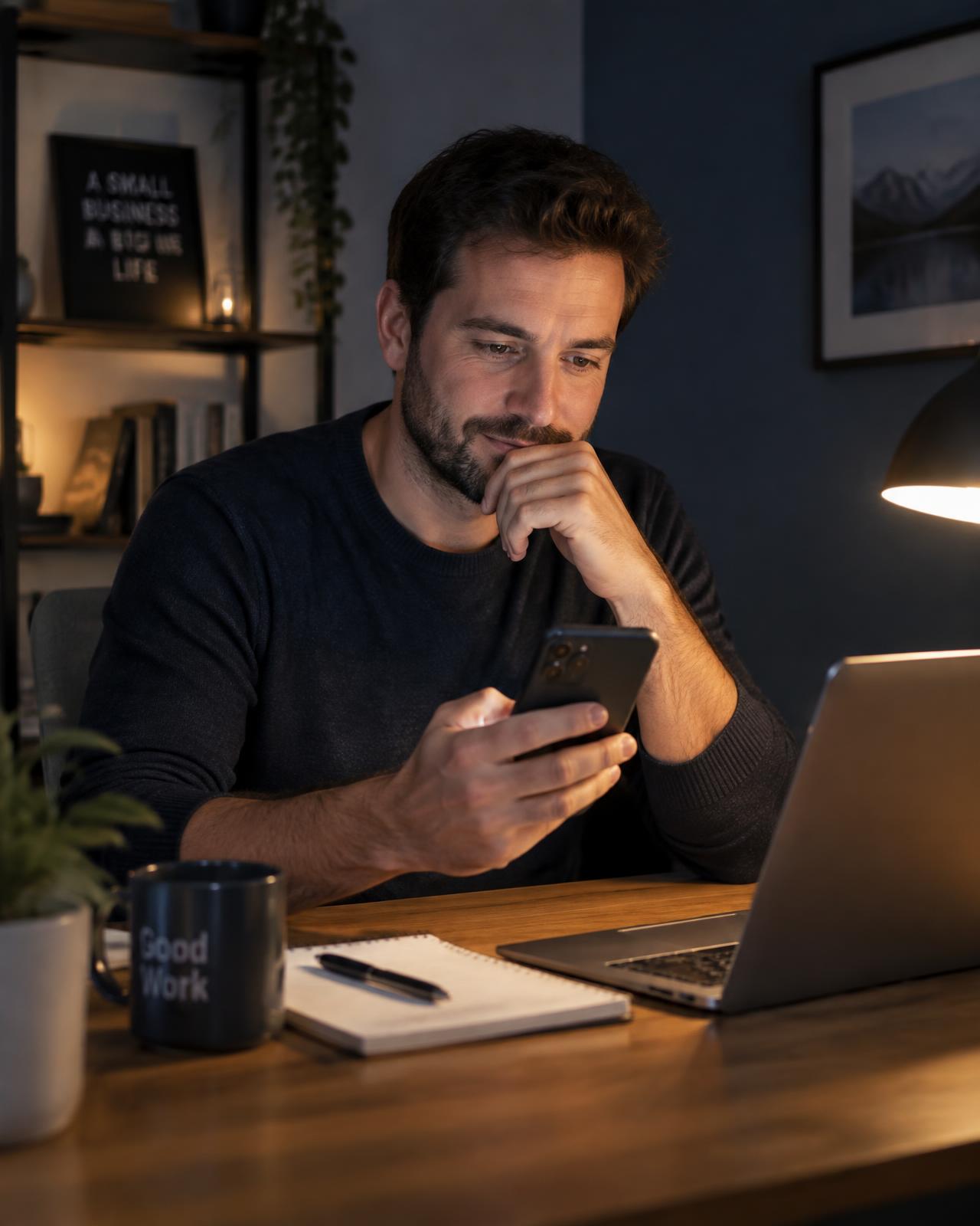 A self-employed man reviewing healthcare options on his phone at home in the evening